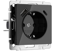 Розетка с заземлением, шторками и USB тип A+C (черный акрил) / W1171748